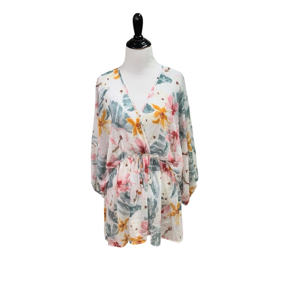 Sweet Rain Women’s Size XL Chiffon Blouse Top Floral Cinched Waist Dolman Sleeve